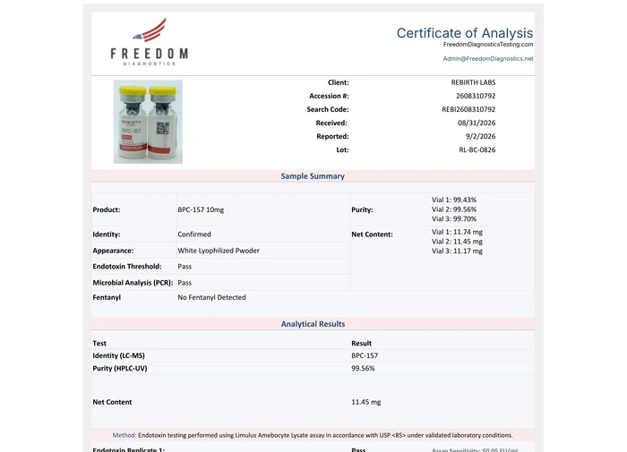 Certificate of analysis for BPC-157, lot RL-BC-0826